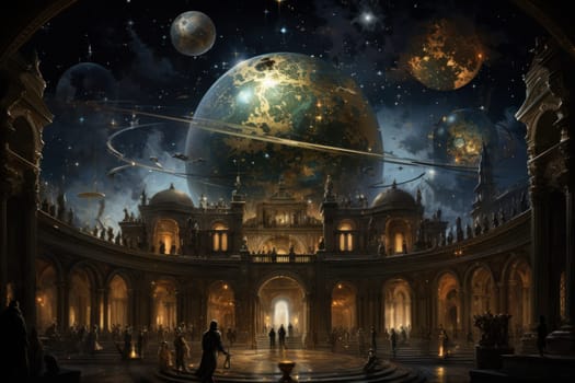 An awe-inspiring depiction of celestial libraries, ancient repositories of boundless universal wisdom.