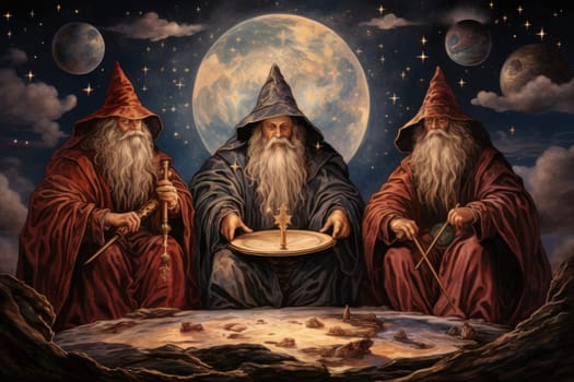 A mesmerizing portrayal of venerable and formidable wizards, exuding wisdom as they masterfully cast intricate arcane spells, wielding ancient staffs adorned with mystic runes.