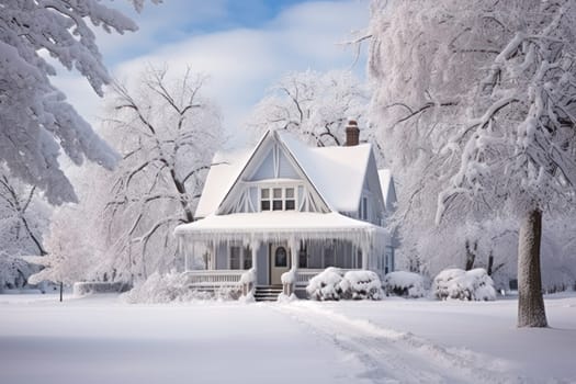 An exquisite winter composition, expertly capturing the tranquil allure of recently fallen snow draping over trees, landscapes, and architectural structures.