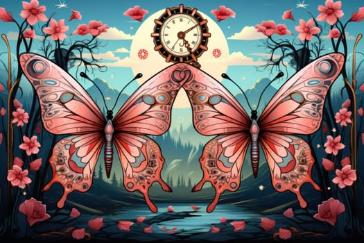 An enchanting portrayal of ethereal clockwork butterflies, fluttering gracefully with intricate precision, each adorned with intricate gears and delicate wings that shimmer with fantastical hues.