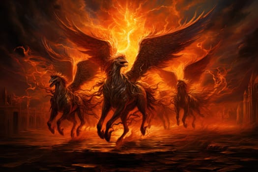 An awe-inspiring portrayal of fabled phoenix riders, gracefully soaring through the skies astride magnificent fiery avian creatures.