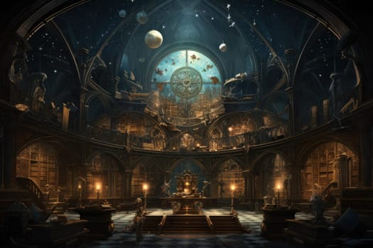 An awe-inspiring depiction of celestial libraries, ancient repositories of boundless universal wisdom.