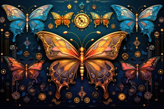 An enchanting portrayal of ethereal clockwork butterflies, fluttering gracefully with intricate precision, each adorned with intricate gears and delicate wings that shimmer with fantastical hues.