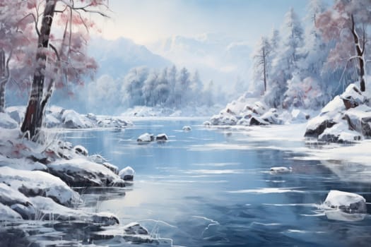 An exquisite visual representation of winter's enchantment, featuring frozen lakes, rivers, and ponds.