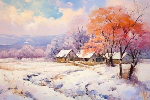 An exquisite winter composition, expertly capturing the tranquil allure of recently fallen snow draping over trees, landscapes, and architectural structures.