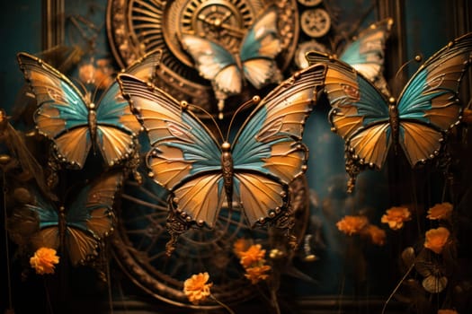 An enchanting portrayal of ethereal clockwork butterflies, fluttering gracefully with intricate precision, each adorned with intricate gears and delicate wings that shimmer with fantastical hues.