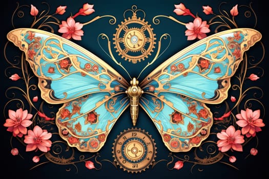 An enchanting portrayal of ethereal clockwork butterflies, fluttering gracefully with intricate precision, each adorned with intricate gears and delicate wings that shimmer with fantastical hues.