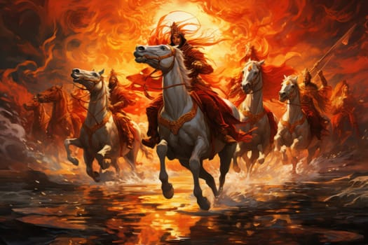 An awe-inspiring portrayal of fabled phoenix riders, gracefully soaring through the skies astride magnificent fiery avian creatures.