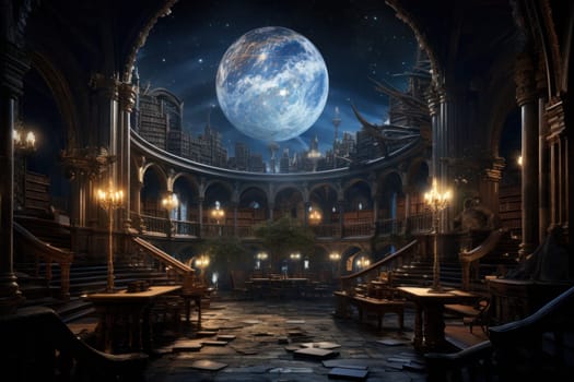 An awe-inspiring depiction of celestial libraries, ancient repositories of boundless universal wisdom.