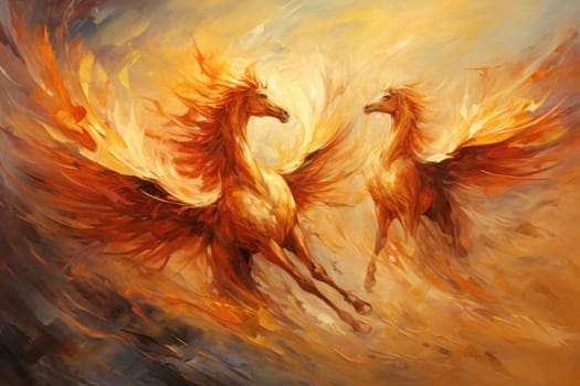An awe-inspiring portrayal of fabled phoenix riders, gracefully soaring through the skies astride magnificent fiery avian creatures.