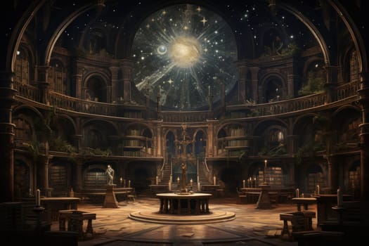 An awe-inspiring depiction of celestial libraries, ancient repositories of boundless universal wisdom.