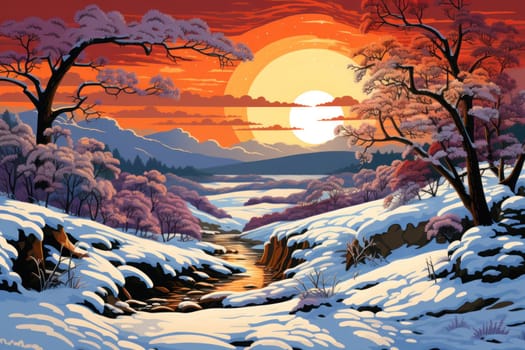 An exquisite winter composition, expertly capturing the tranquil allure of recently fallen snow draping over trees, landscapes, and architectural structures.
