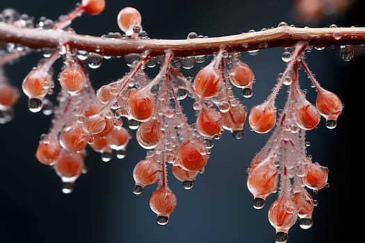 A remarkable portrayal of winter's allure, focusing on the glistening, see-through charm of icicles suspended from rooftops and tree limbs, showcasing their sparkling and crystalline elegance.