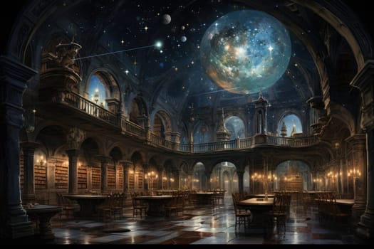 An awe-inspiring depiction of celestial libraries, ancient repositories of boundless universal wisdom.