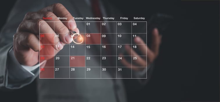 Businessman marking dates on virtual calendar, managing his business schedule, setting reminders for important appointments, creative collage for planning ideas, appointment scheduler