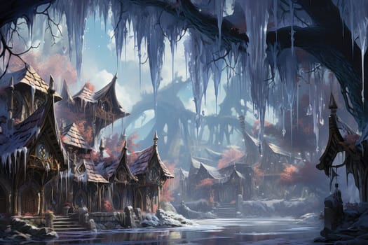 A remarkable portrayal of winter's allure, focusing on the glistening, see-through charm of icicles suspended from rooftops and tree limbs, showcasing their sparkling and crystalline elegance.