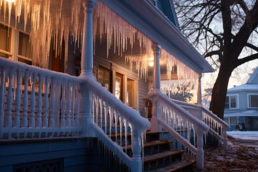A remarkable portrayal of winter's allure, focusing on the glistening, see-through charm of icicles suspended from rooftops and tree limbs, showcasing their sparkling and crystalline elegance.