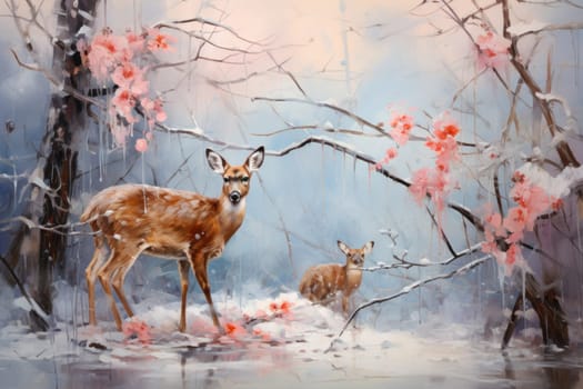 An enchanting winter tableau, showcasing the grace and resilience of wildlife, including deer, birds, and squirrels, in their natural habitats during the frosty season.