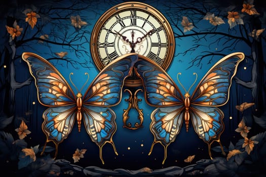 An enchanting portrayal of ethereal clockwork butterflies, fluttering gracefully with intricate precision, each adorned with intricate gears and delicate wings that shimmer with fantastical hues.