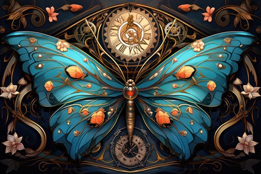 An enchanting portrayal of ethereal clockwork butterflies, fluttering gracefully with intricate precision, each adorned with intricate gears and delicate wings that shimmer with fantastical hues.