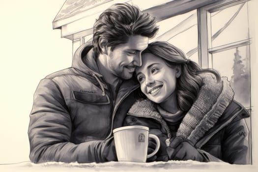 A heartwarming depiction of the winter season's charm, with individuals captured indoors, basking by a crackling fire, indulging in hot cocoa, or cocooned in soft blankets.