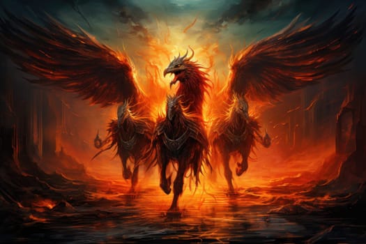 An awe-inspiring portrayal of fabled phoenix riders, gracefully soaring through the skies astride magnificent fiery avian creatures.