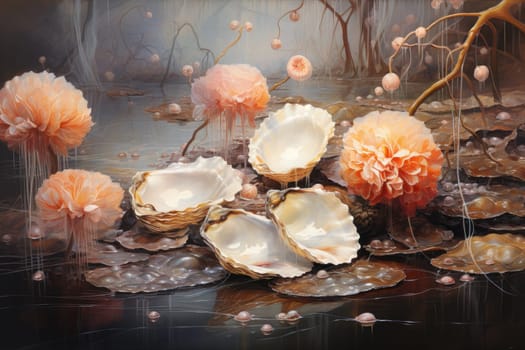 An enchanting depiction of radiant pearl oysters, tenderly nurturing exquisite pearls imbued with enigmatic properties.