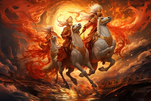 An awe-inspiring portrayal of fabled phoenix riders, gracefully soaring through the skies astride magnificent fiery avian creatures.