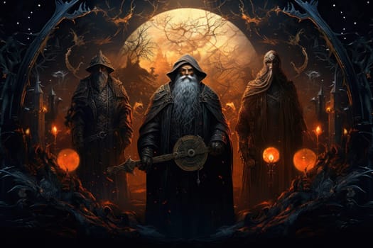 A mesmerizing portrayal of venerable and formidable wizards, exuding wisdom as they masterfully cast intricate arcane spells, wielding ancient staffs adorned with mystic runes.