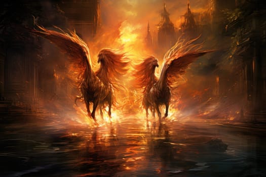 An awe-inspiring portrayal of fabled phoenix riders, gracefully soaring through the skies astride magnificent fiery avian creatures.