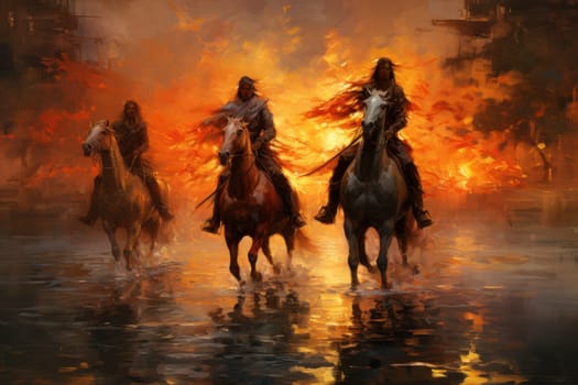 An awe-inspiring portrayal of fabled phoenix riders, gracefully soaring through the skies astride magnificent fiery avian creatures.