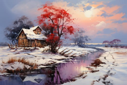 An exquisite winter composition, expertly capturing the tranquil allure of recently fallen snow draping over trees, landscapes, and architectural structures.