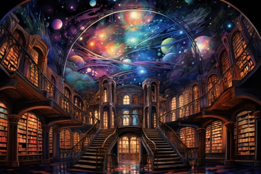An awe-inspiring depiction of celestial libraries, ancient repositories of boundless universal wisdom.