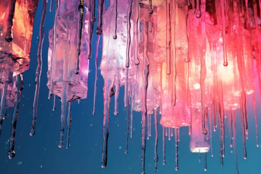 A remarkable portrayal of winter's allure, focusing on the glistening, see-through charm of icicles suspended from rooftops and tree limbs, showcasing their sparkling and crystalline elegance.
