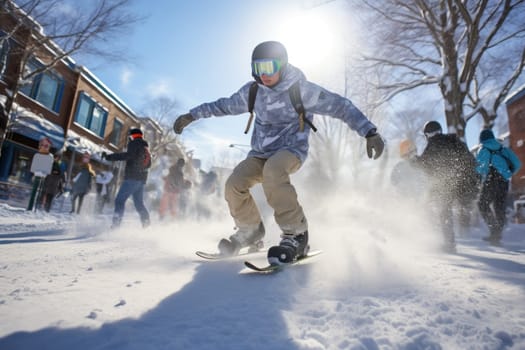 A dynamic portrayal of the exhilarating winter season, featuring individuals engaged in a range of invigorating activities such as skiing, snowboarding, and ice skating.