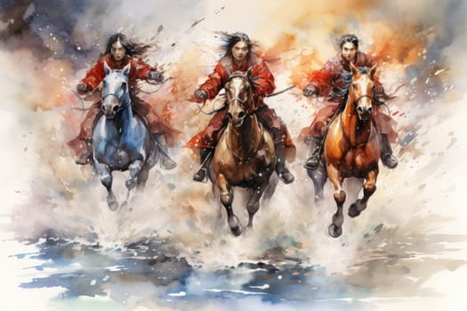 An awe-inspiring portrayal of fabled phoenix riders, gracefully soaring through the skies astride magnificent fiery avian creatures.
