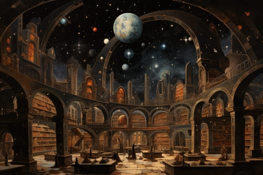 An awe-inspiring depiction of celestial libraries, ancient repositories of boundless universal wisdom.