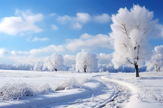 An exquisite winter composition, expertly capturing the tranquil allure of recently fallen snow draping over trees, landscapes, and architectural structures.