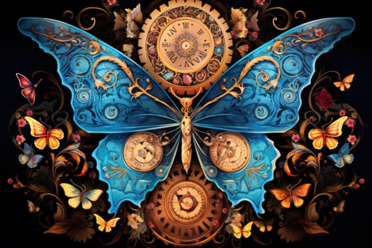 An enchanting portrayal of ethereal clockwork butterflies, fluttering gracefully with intricate precision, each adorned with intricate gears and delicate wings that shimmer with fantastical hues.