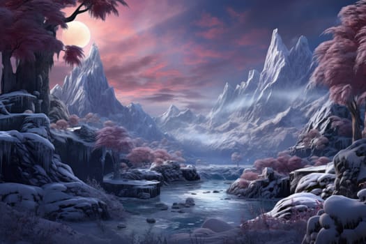 A captivating artistic portrayal of the enchanting winter season, where landscapes are magically transformed into a wonderland adorned with shimmering snow and sparkling icicles.