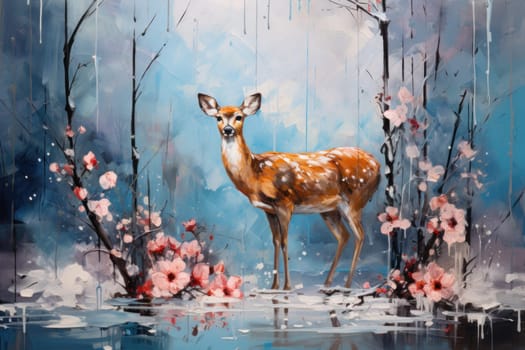 An enchanting winter tableau, showcasing the grace and resilience of wildlife, including deer, birds, and squirrels, in their natural habitats during the frosty season.