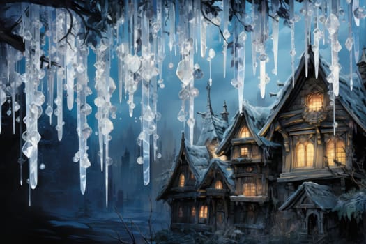 A remarkable portrayal of winter's allure, focusing on the glistening, see-through charm of icicles suspended from rooftops and tree limbs, showcasing their sparkling and crystalline elegance.