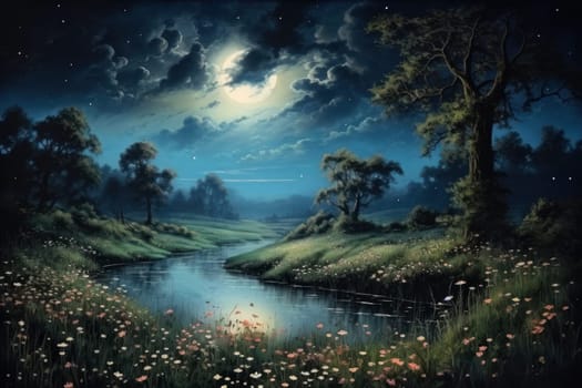 An enchanting portrayal of tranquil moonlit meadows, where dreams materialize and aspirations come to life.