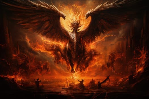 An awe-inspiring portrayal of fabled phoenix riders, gracefully soaring through the skies astride magnificent fiery avian creatures.