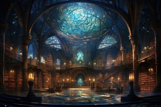 An awe-inspiring depiction of celestial libraries, ancient repositories of boundless universal wisdom.