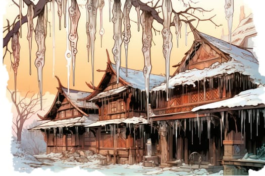 A remarkable portrayal of winter's allure, focusing on the glistening, see-through charm of icicles suspended from rooftops and tree limbs, showcasing their sparkling and crystalline elegance.
