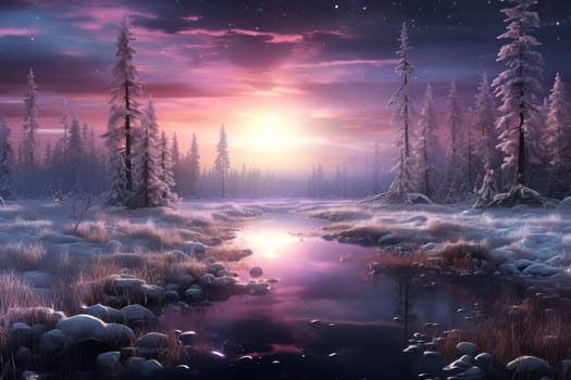 A captivating artistic portrayal of the enchanting winter season, where landscapes are magically transformed into a wonderland adorned with shimmering snow and sparkling icicles.