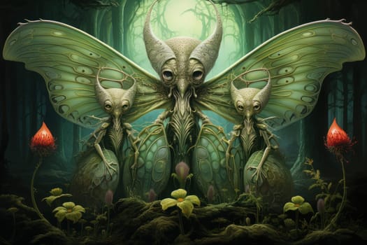 A captivating portrayal of celestial moth guardians, their ethereal presence warding off malevolent spirits with a soft, lunar glow.