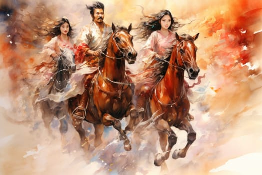 An awe-inspiring portrayal of fabled phoenix riders, gracefully soaring through the skies astride magnificent fiery avian creatures.