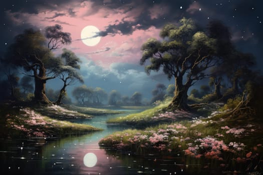 An enchanting portrayal of tranquil moonlit meadows, where dreams materialize and aspirations come to life.